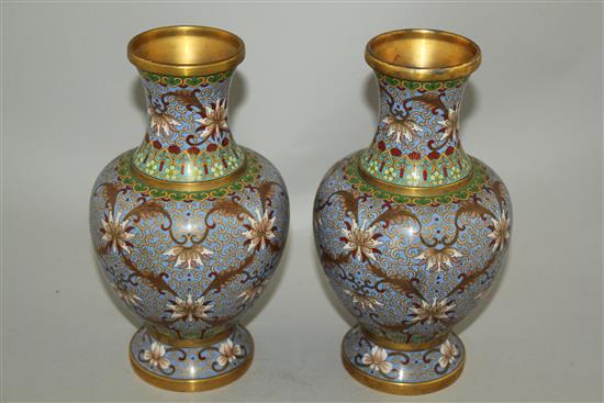 A pair of Chinese cloisonne enamel baluster vases, early 20th century, 21cm